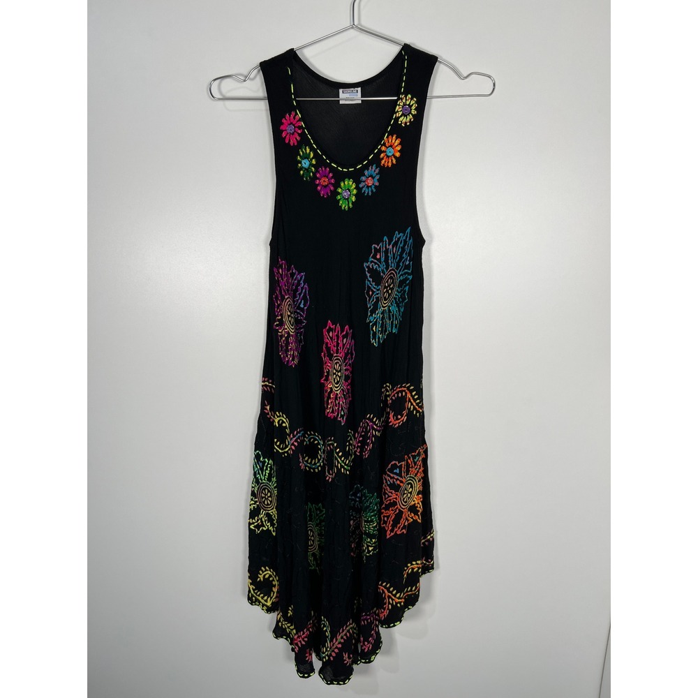 Vintage Rayon Black Floral Embroidered Handkerchief Hem Boho Festival Dress OSFM